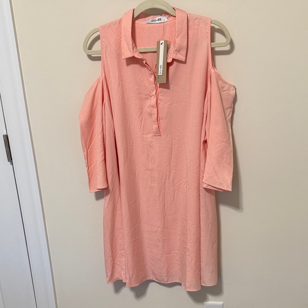 DO+BE Women’s Cold Shoulder Mini Shirt Dress / Sunset Coral / Size L / Brand NWT
